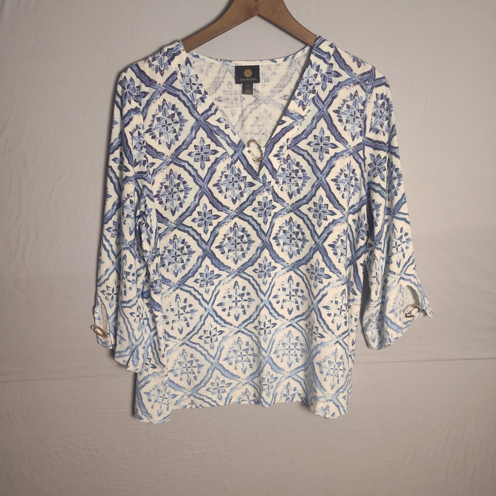 JM Collection Womens Blue White Geometric Tile Print 3/4 Sleeve Blouse PL Petite